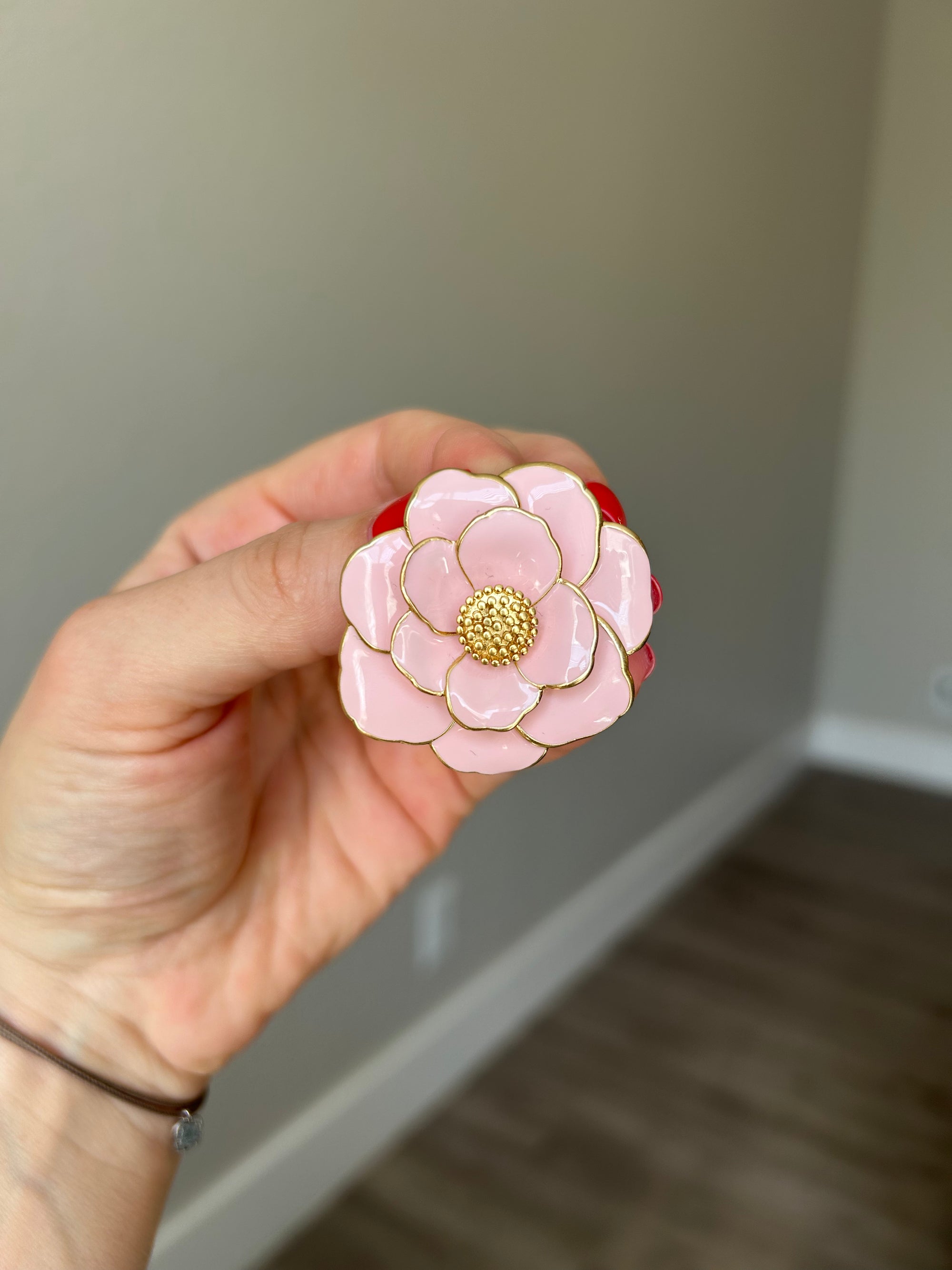 Peony Brass Pendant and Brooch, dipped in 18K Gold, Hand-painted Enamel
