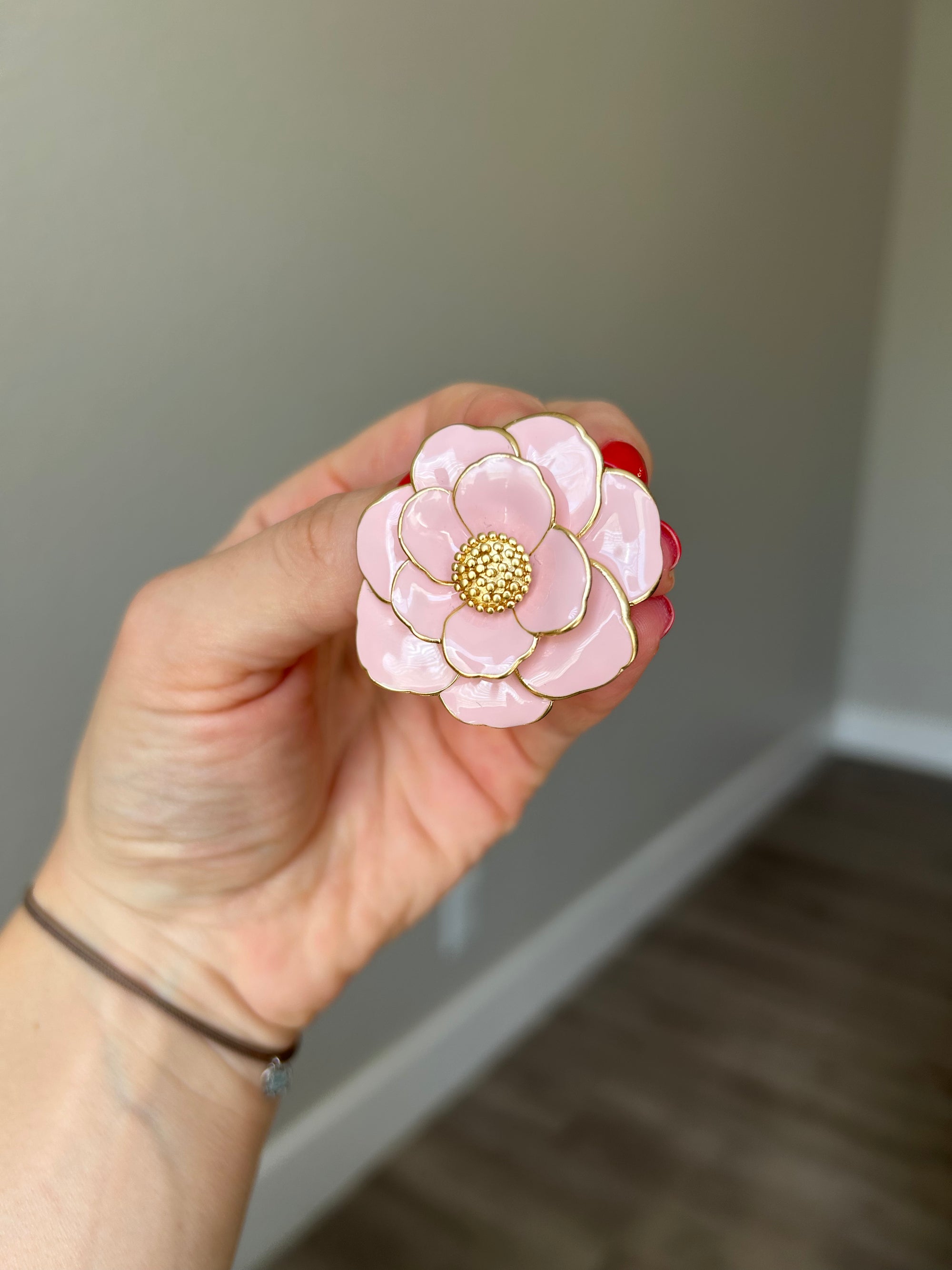 Peony Brass Pendant and Brooch, dipped in 18K Gold, Hand-painted Enamel