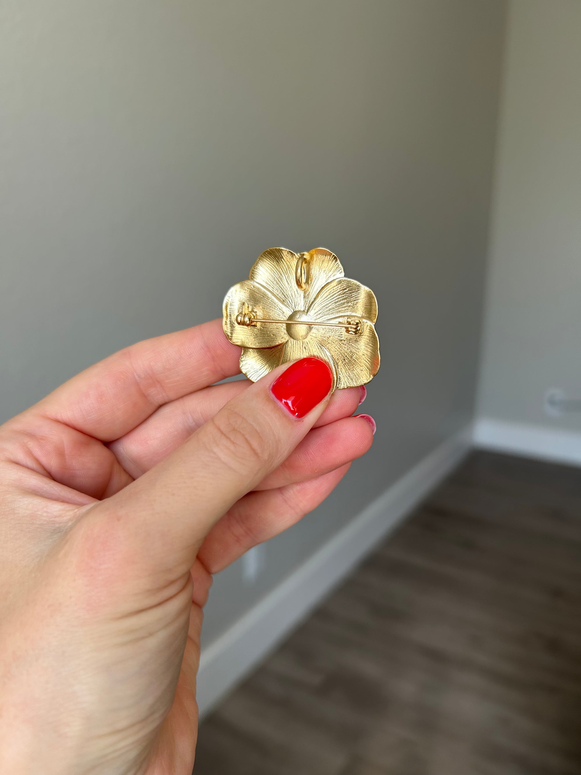 Peony Brass Pendant and Brooch, dipped in 18K Gold, Hand-painted Enamel