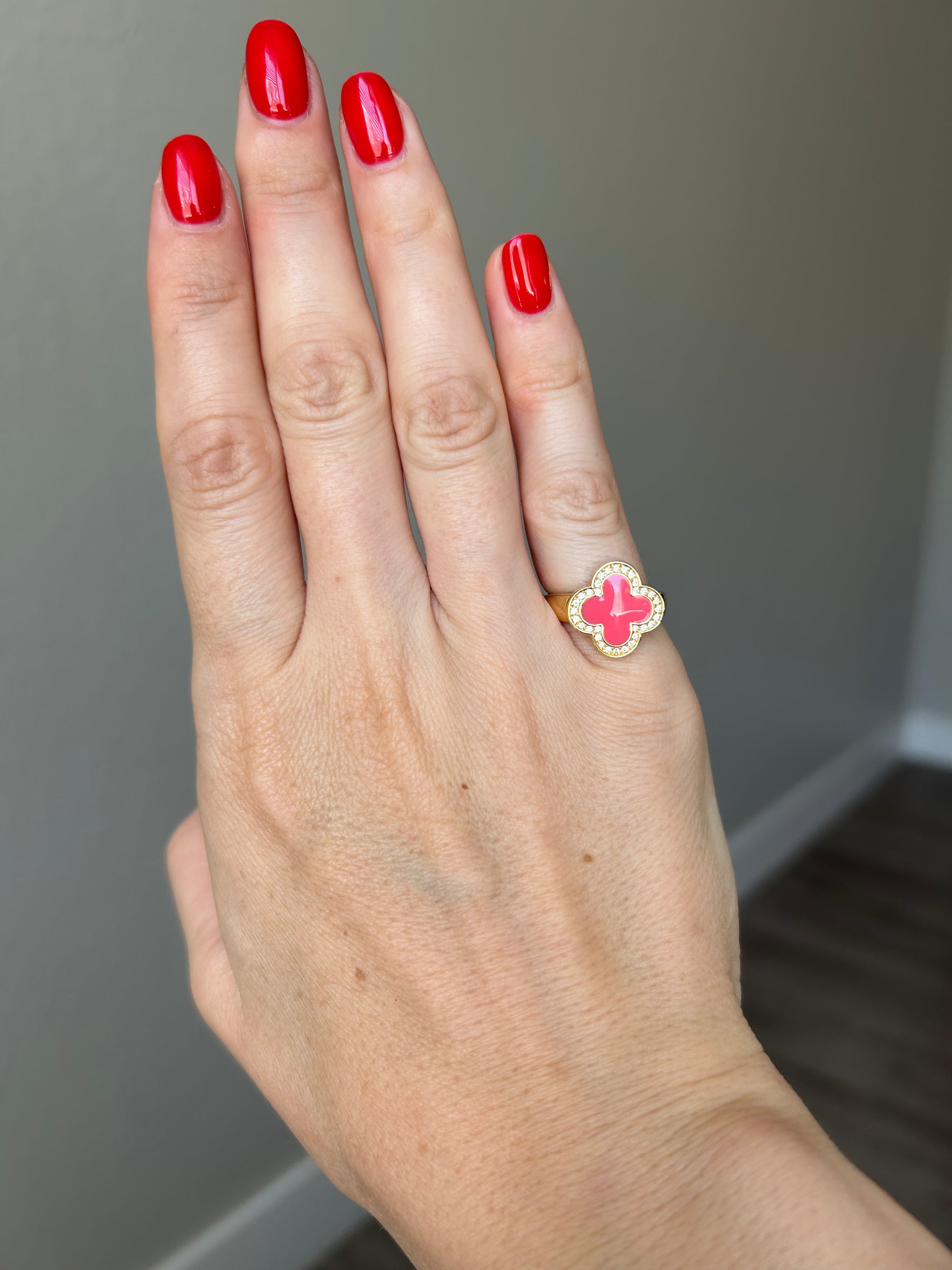 925 Sterling Silver, 18K Gold Plated, Hand-painted Enamel Clover Ring