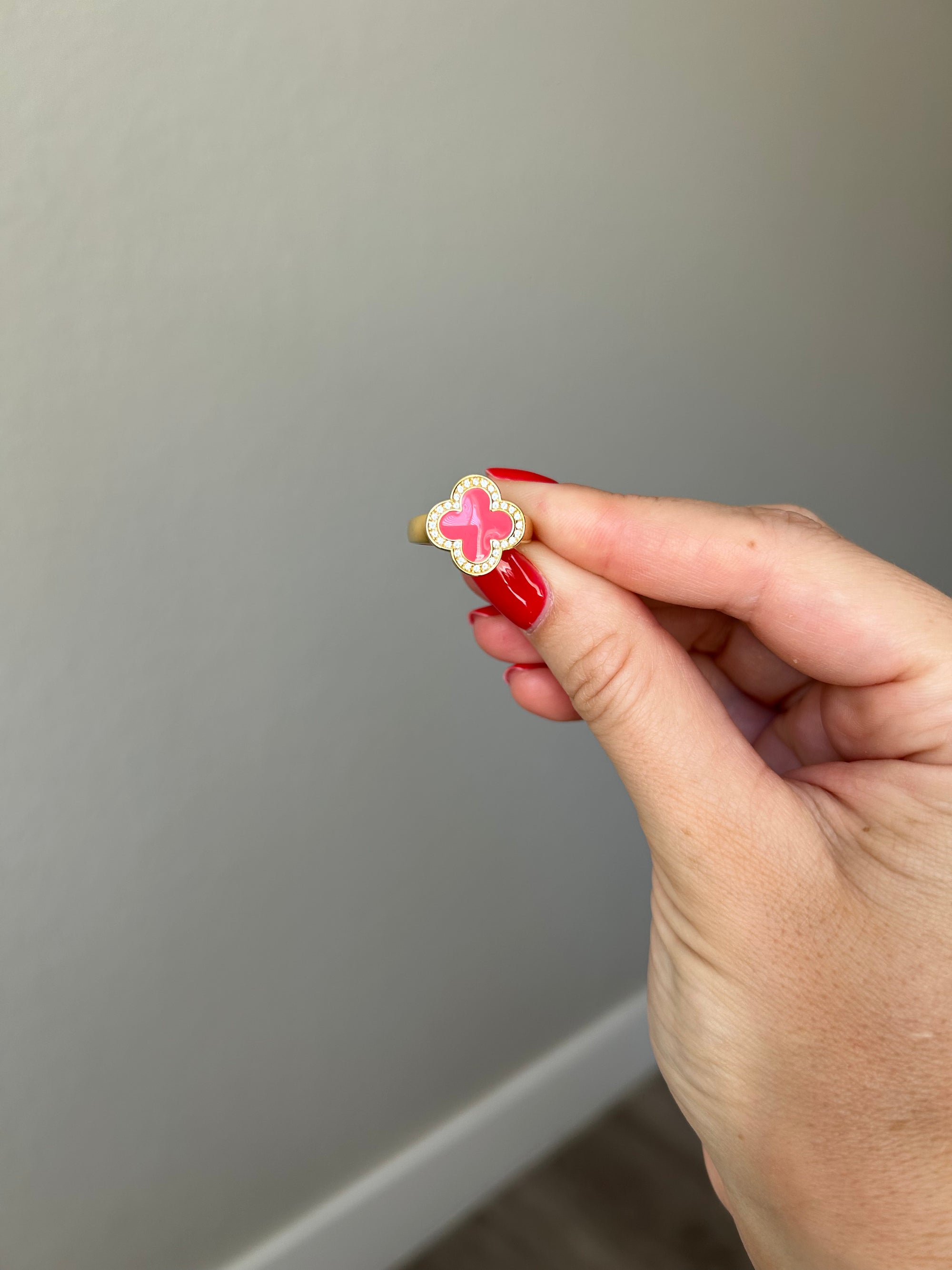 925 Sterling Silver, 18K Gold Plated, Hand-painted Enamel Clover Ring
