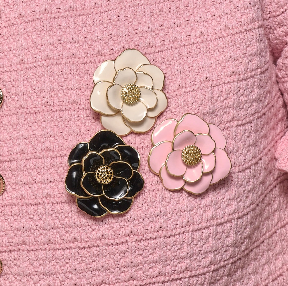 Peony Brass Pendant and Brooch, dipped in 18K Gold, Hand-painted Enamel
