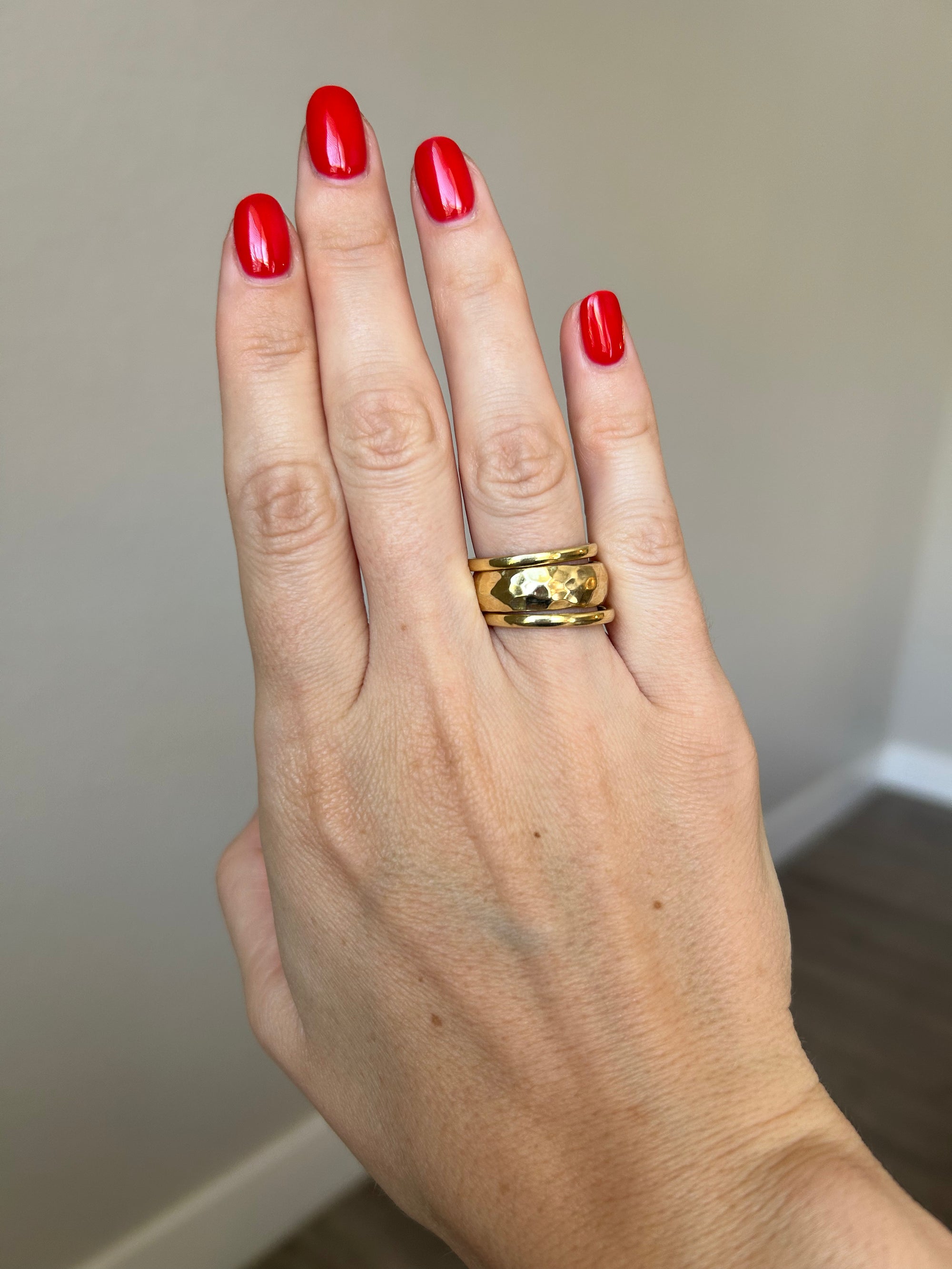 Handcrafted 925 Sterling Silver Ring, 18K Gold Plated. Triple-band ring with a hammered center band.