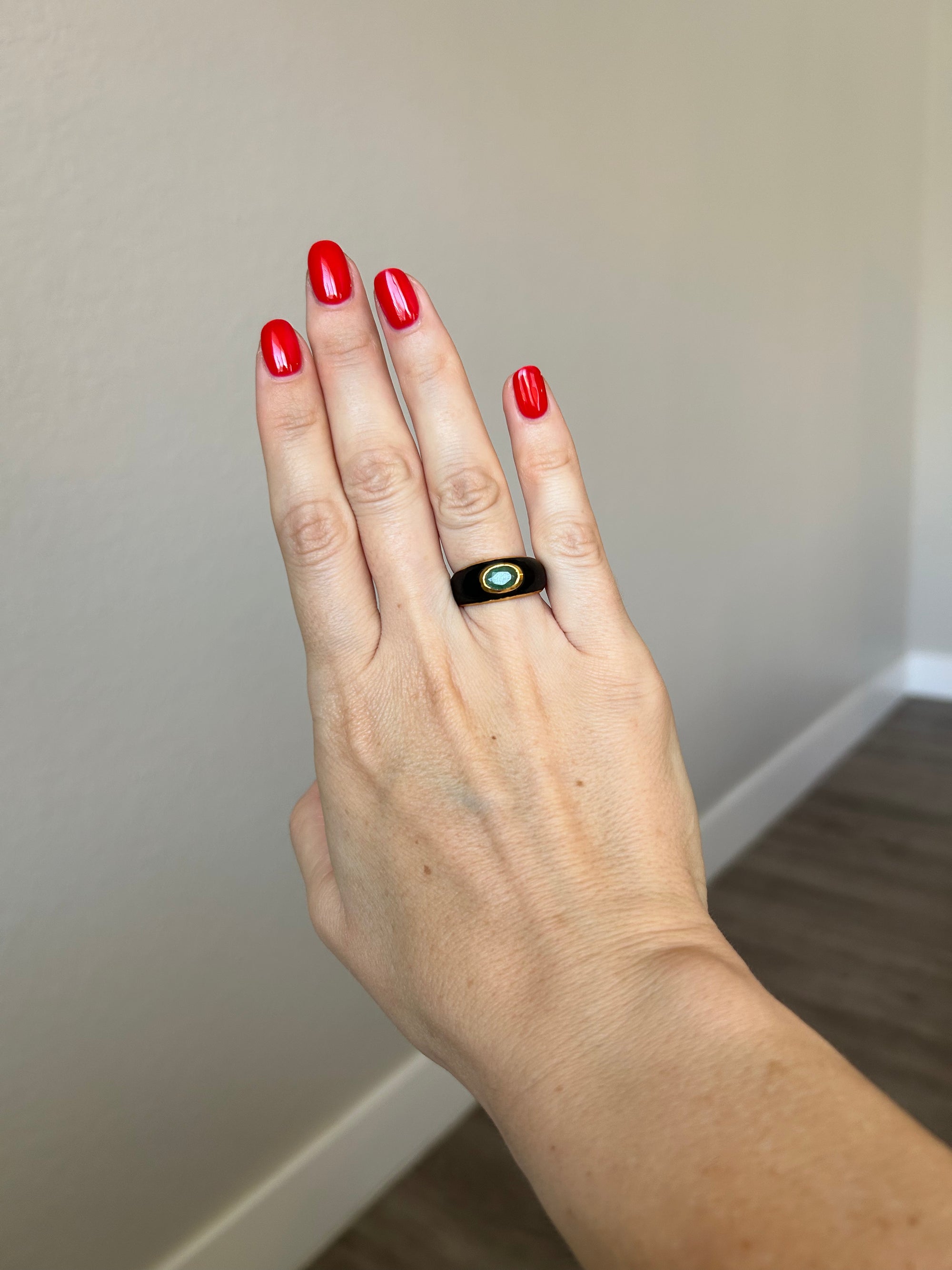 925 Sterling Silver, 18K Gold Plated, Hand-painted Enamel Ring with a Natural Emerald